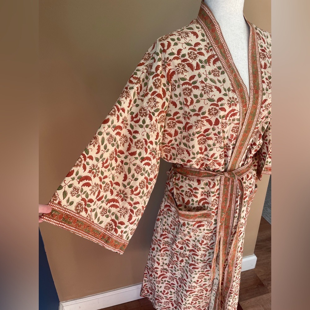 Ten Thousand Villages Cotton Kimono Robe Belted OSFM Printed NWT Red Pockets - Picture 5 of 9